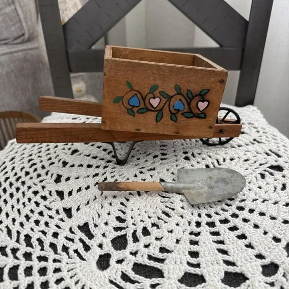 Vintage Rustic Wood Wheelbarrow Planter w/ Pyrography Hearts with Shovel Decor - Picture 4 of 6